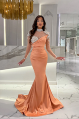 Orange Mermaid High Neck Formal Dress With Sleeves