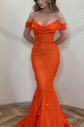 Orange Mermaid Prom Dress Off the Shoulder Formal Dress
