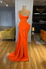 Orange Mermaid Prom Dress Sleeveless Strapless Beaded Formal Dress