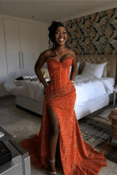 Orange Mermaid Prom Dress Sleeveless Sweetheart Sequined Formal Dress
