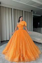 Orange One Shoulder Ball Gown Evening Dress with Sequins