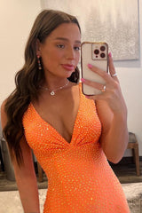 Orange Prom Dress Beaded Mermaid Long Evening Dress