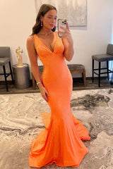 Orange Prom Dress Beaded Mermaid Long Evening Dress