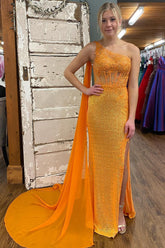 Orange Prom Dress Corset One Shoulder Long Evening Dress with Deatchable Train
