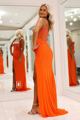 Orange Prom Dress Corset Spaghetti Straps Long Evening Dress with Slit