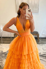 Orange Prom Dress Deep V Neck Tiered Evening Dress
