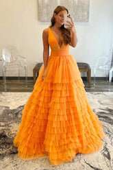 Orange Prom Dress Deep V Neck Tiered Evening Dress