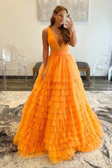 Orange Prom Dress Deep V Neck Tiered Evening Dress