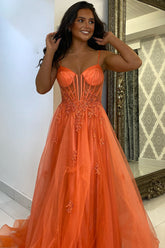 Orange Prom Dress Floral A-Line Spaghetti Straps Long Formal Dress