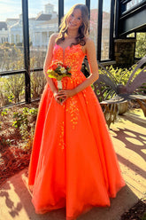 Orange Prom Dress Floral Corset A-Line Long Formal Dress