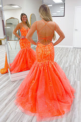 Orange Prom Dress Floral Mermaid Spaghetti Straps Long Formal Dress