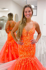 Orange Prom Dress Floral Mermaid Spaghetti Straps Long Formal Dress