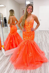 Orange Prom Dress Floral Mermaid Spaghetti Straps Long Formal Dress