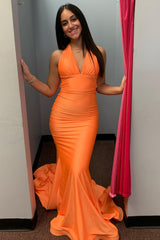 Orange Prom Dress Mermaid Backless Long Evening Dress