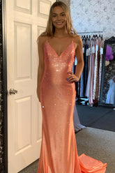Orange Prom Dress Mermaid Beaded Lace-Up Back Long Formal Dress