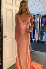 Orange Prom Dress Mermaid Beaded Lace-Up Back Long Formal Dress