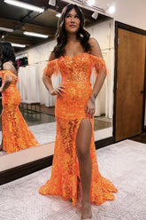 Orange Prom Dress Mermaid Off The Shoulder Feathered Long Formal Dress With Slit