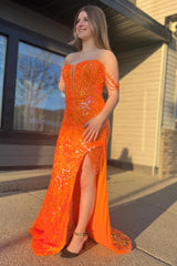 Orange Prom Dress Mermaid Off the Shoulder Corset Evening Dress with Slit
