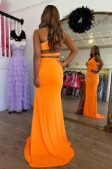 Orange Prom Dress Mermaid One Shoulder Long Evening Dress With Slit