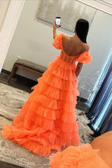 Orange Prom Dress Off The Shoulder Ruffled Long Evening Dress with Slit