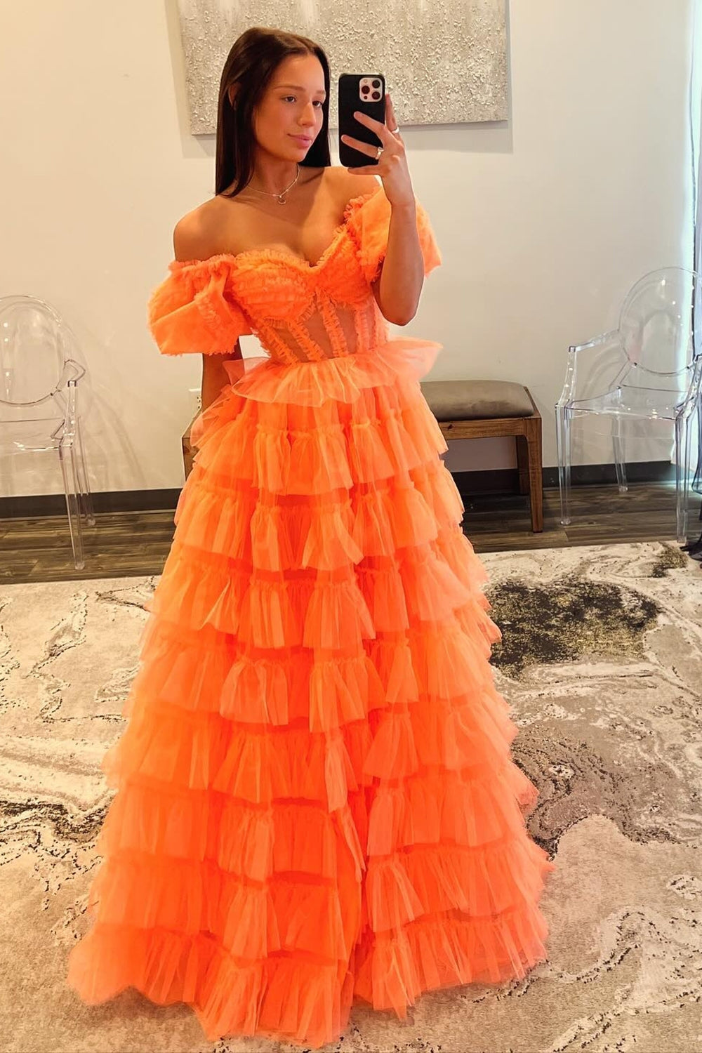 Orange Prom Dress Off The Shoulder Ruffled Long Evening Dress with Slit