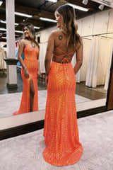Orange Prom Dress Open Back Sequined Long Evening Dress with Slit