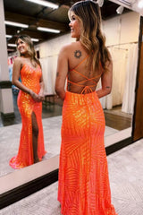Orange Prom Dress Open Back Sequined Long Evening Dress with Slit