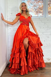 Orange Prom Dress Ruffled Satin Hollow Out Long Evening Dress
