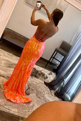Orange Prom Dress Sequin Sweetheart Lace Up Back Long Evening Dress