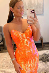 Orange Prom Dress Sequin Sweetheart Lace Up Back Long Evening Dress