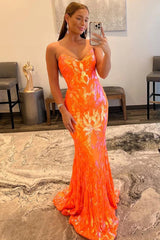 Orange Prom Dress Sequin Sweetheart Lace Up Back Long Evening Dress