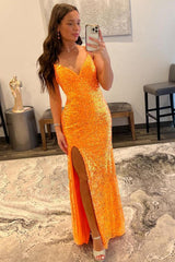 Orange Prom Dress Sequined Long Evening Dress with Slit