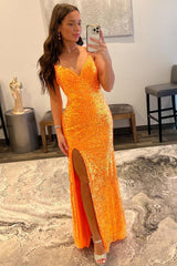 Orange Prom Dress Sequined Long Evening Dress with Slit