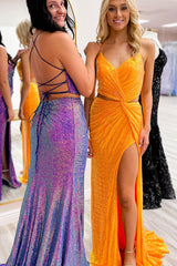 Orange Prom Dress Sequined Mermaid Spaghetti Straps Long Formal Dress With Slit