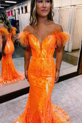 Orange Prom Dress Sequined Off the Shoulder Mermaid Long Evening Dress with Feathers