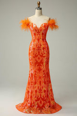 Orange Prom Dress Sequined Off the Shoulder Mermaid Long Evening Dress with Feathers