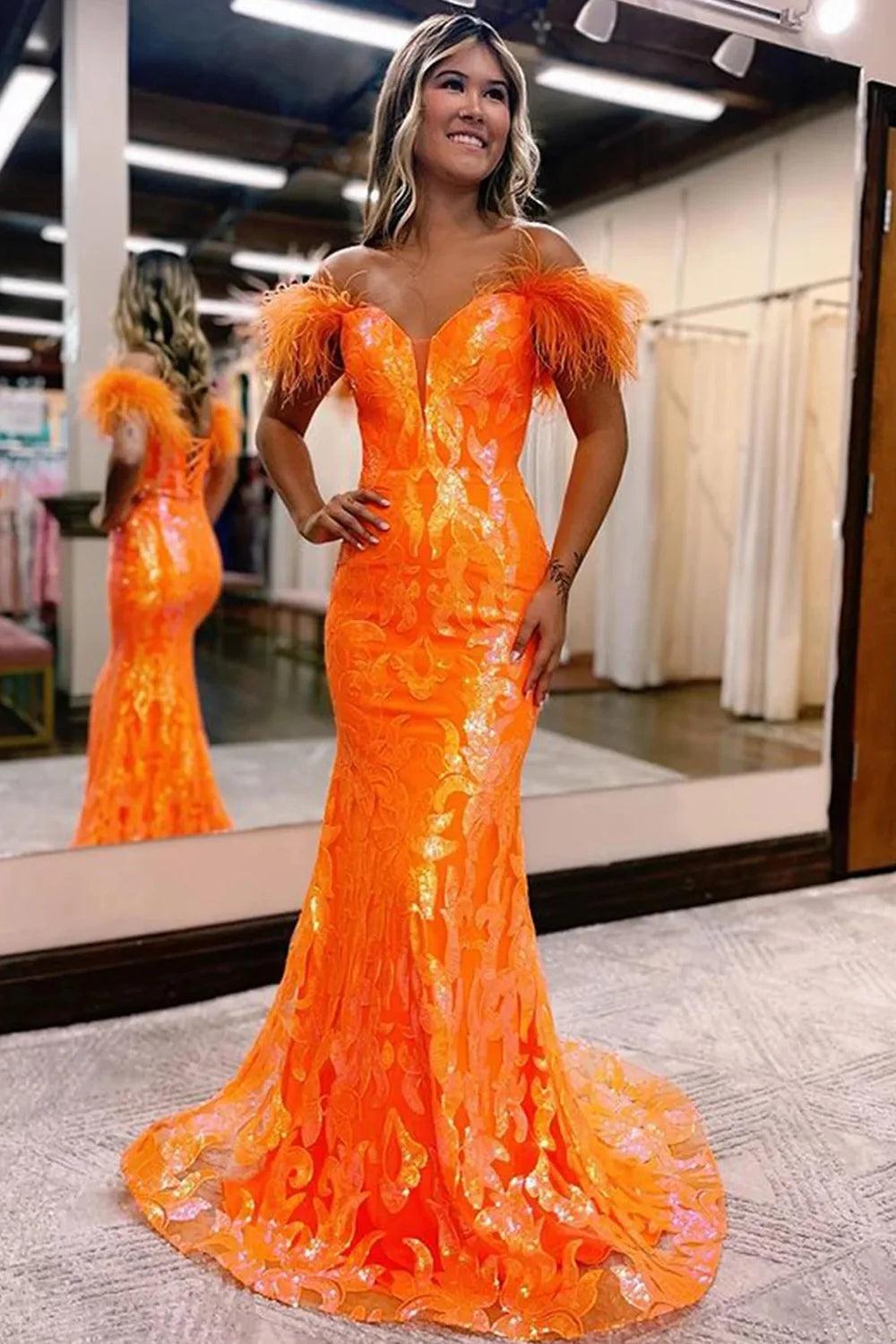 Orange Prom Dress Sequined Off the Shoulder Mermaid Long Evening Dress with Feathers