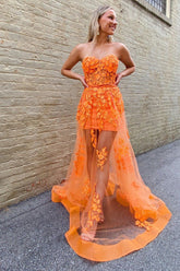 Orange Prom Dress Sheath Corset Long Evening Dress with Appliques