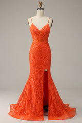 Orange Prom Dress Spaghetti Straps Mermaid Evening Dress