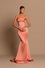 Orange Prom Dress Spaghetti Straps Mermaid Satin Formal Dress