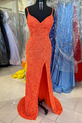 Orange Prom Dress Sparkly Mermaid V Neck Sequined Long Evening Dress