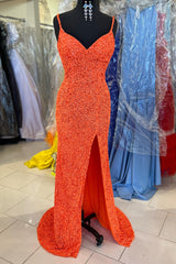 Orange Prom Dress Sparkly Mermaid V Neck Sequined Long Evening Dress