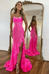 Hot Pink Beaded Prom Dress Strapless Corset Ruffled Formal Dress With Slit