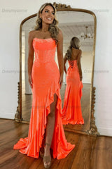 Hot Pink Beaded Prom Dress Strapless Corset Ruffled Formal Dress With Slit