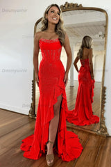 Hot Pink Beaded Prom Dress Strapless Corset Ruffled Formal Dress With Slit