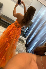 Orange Prom Dress Sweetheart Long Evening Dress with Appliques