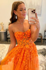 Orange Prom Dress Sweetheart Long Evening Dress with Appliques