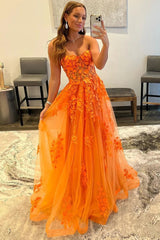 Orange Prom Dress Sweetheart Long Evening Dress with Appliques