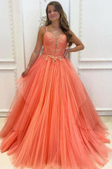 Orange Prom Dress Tulle Lace Long Evening Dress