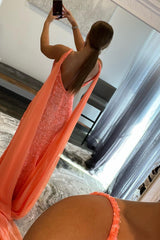 Orange Prom Dress Watteau Train Sequined Long Evening Dress
